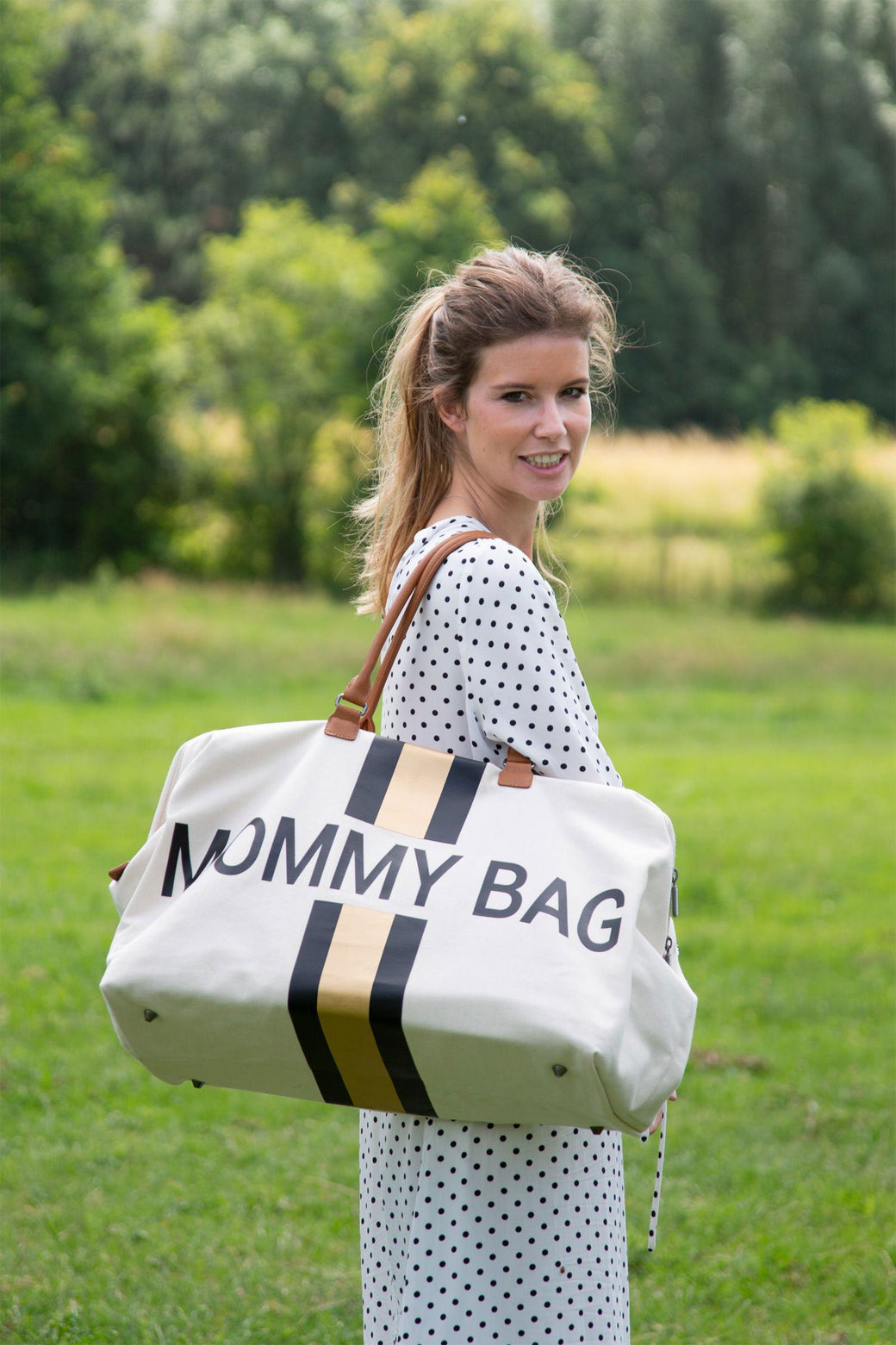 Mommy Bag Big Offwhite with Black Gold Stripes - ChildHome