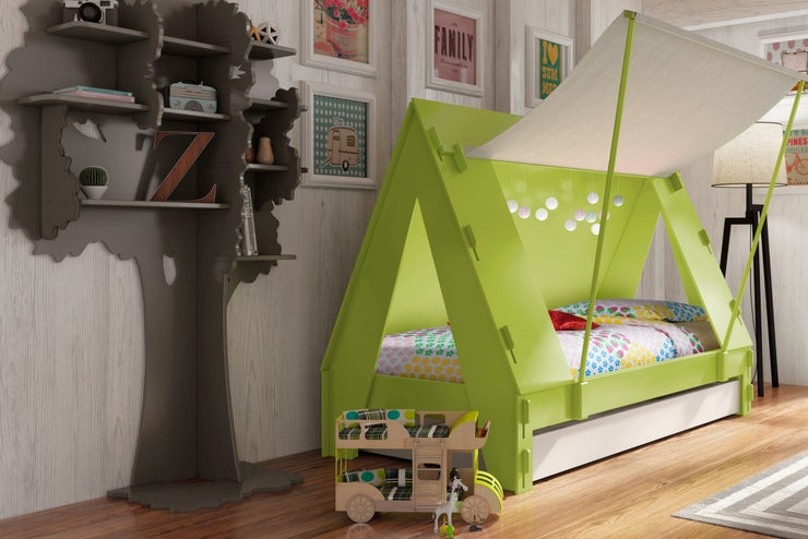 Children's bedroom featuring a green tent-themed bed with a canopy and colourful bedding.