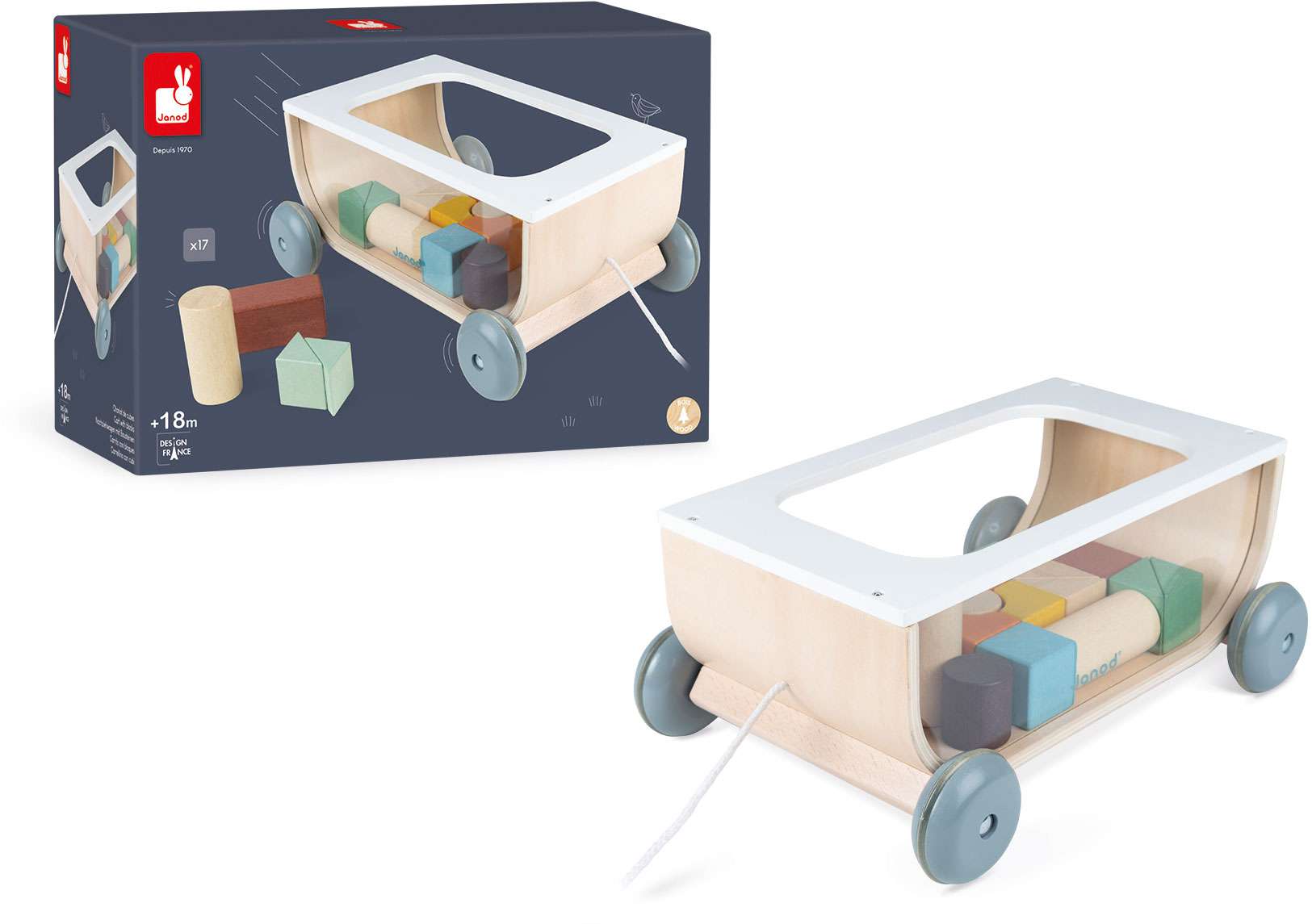 Sweet Cocoon Pull Wagon with Wooden Blocks - Janod