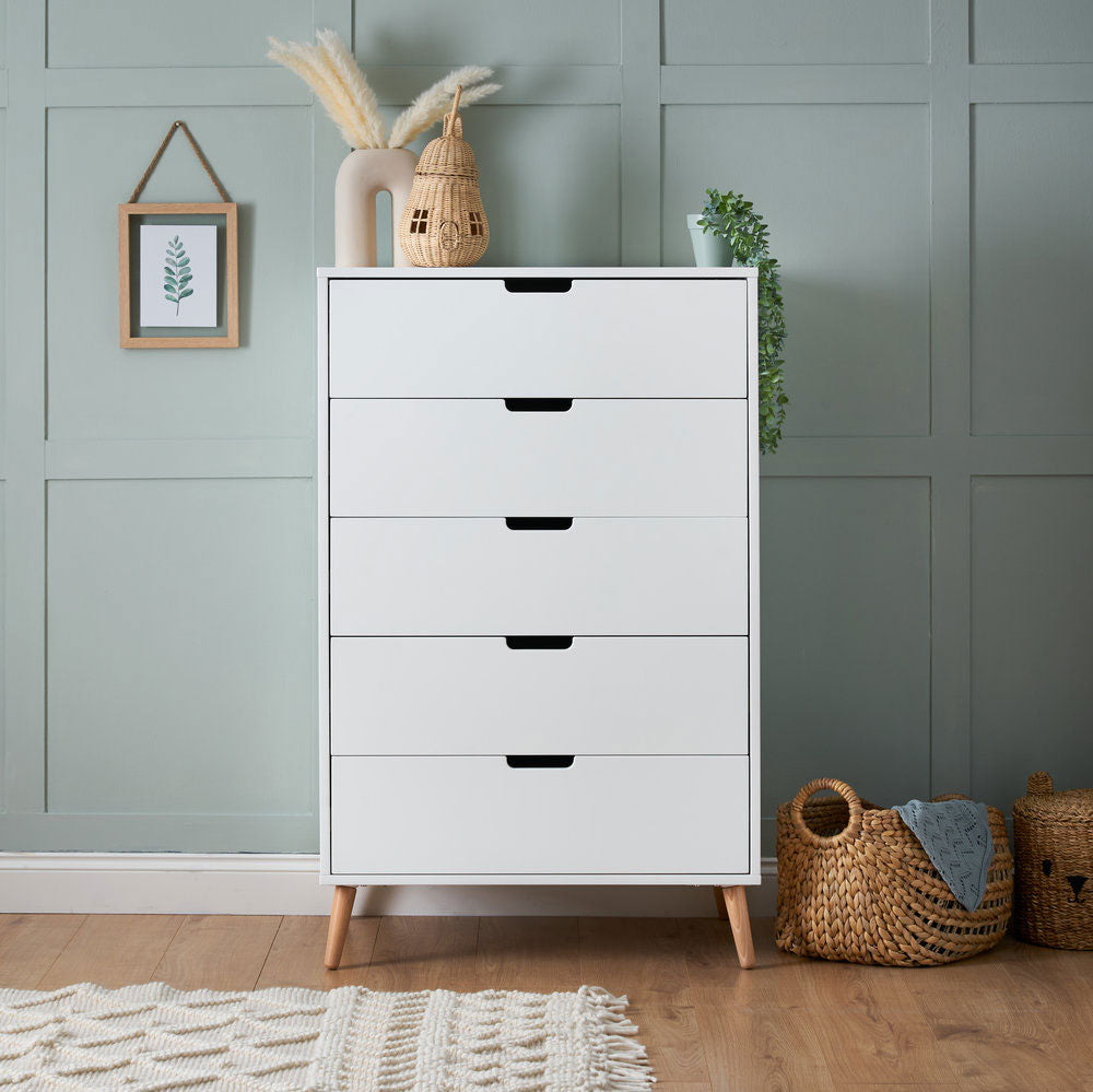 Maya Tall Boy 5 Shelf Drawers Obaby Bebemoda Modern furniture and essentials for babies and kids