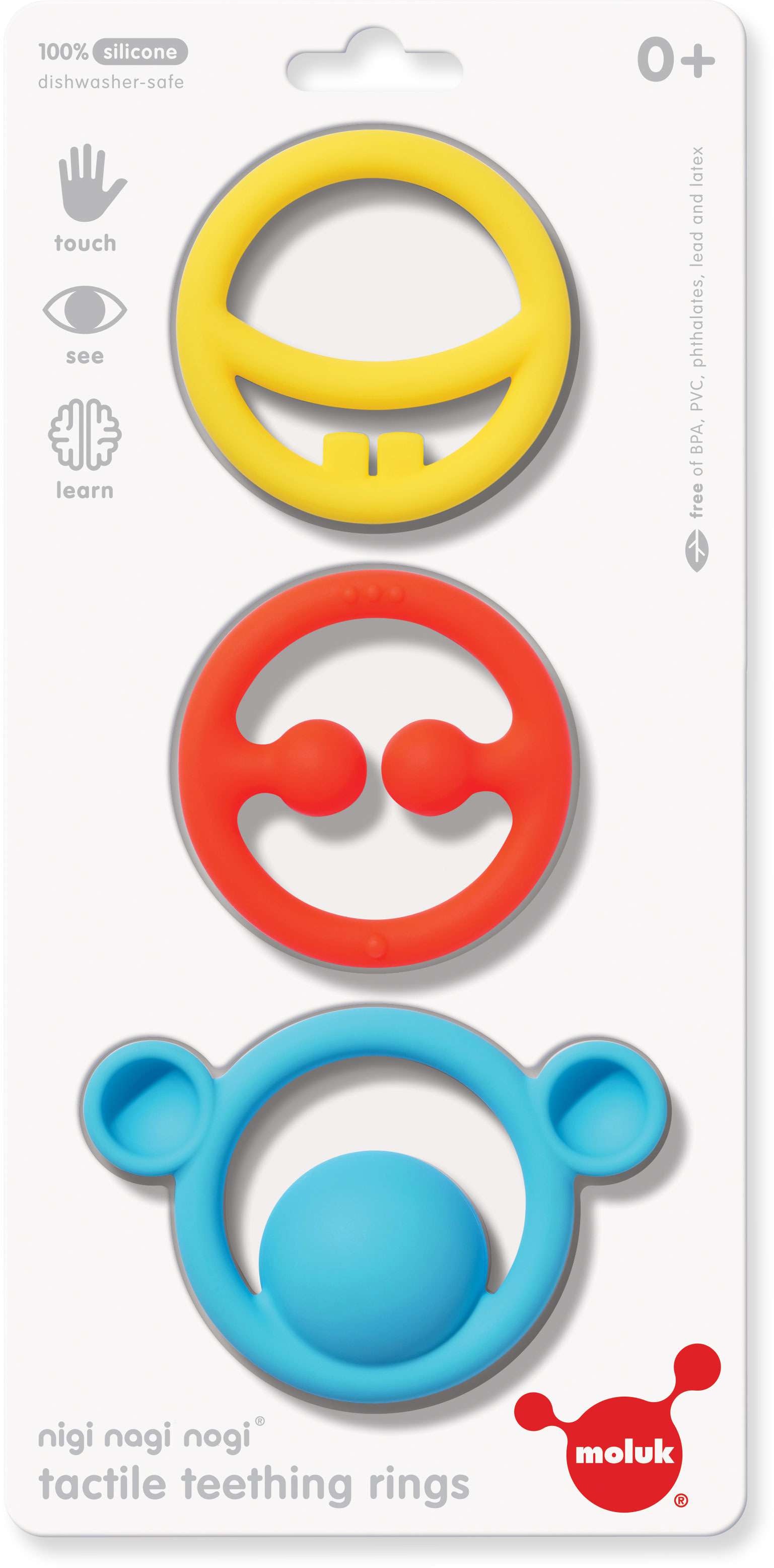 Nigi, Nagi & Nogi Silicone Primary Colours Teething Rings - Moluk